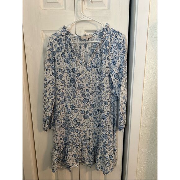 Loft Women's Floral Print Ruffle V-Neck Tunic Dress Blue Small - Picture 1 of 9